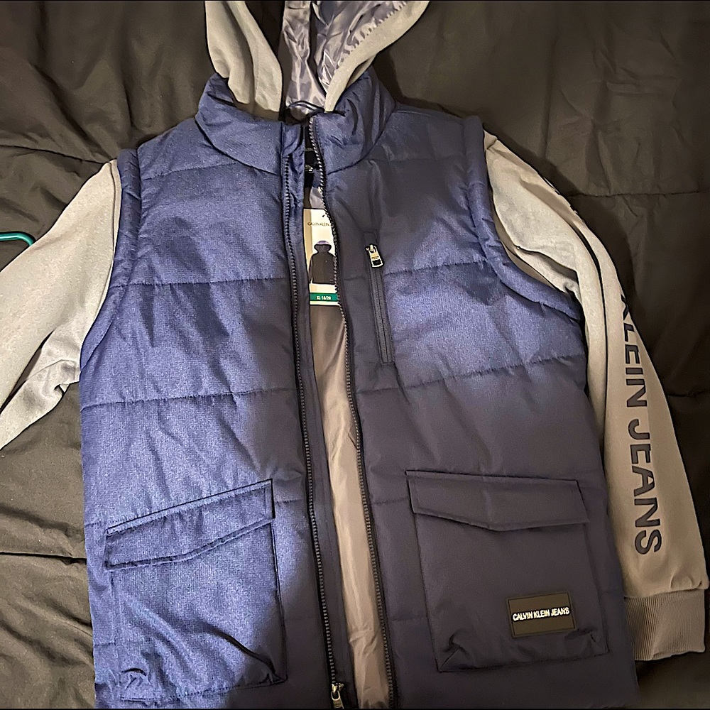Blue and gray Hoodie vest. Size: X-LARGE-18/20